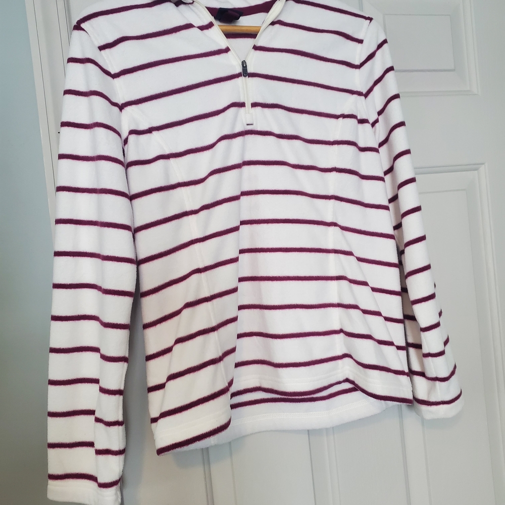 Lands' End White and Burgundy Striped Fleece
